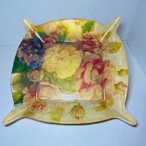 Floral Square Glass Plate Gold Pink Reverse Painting